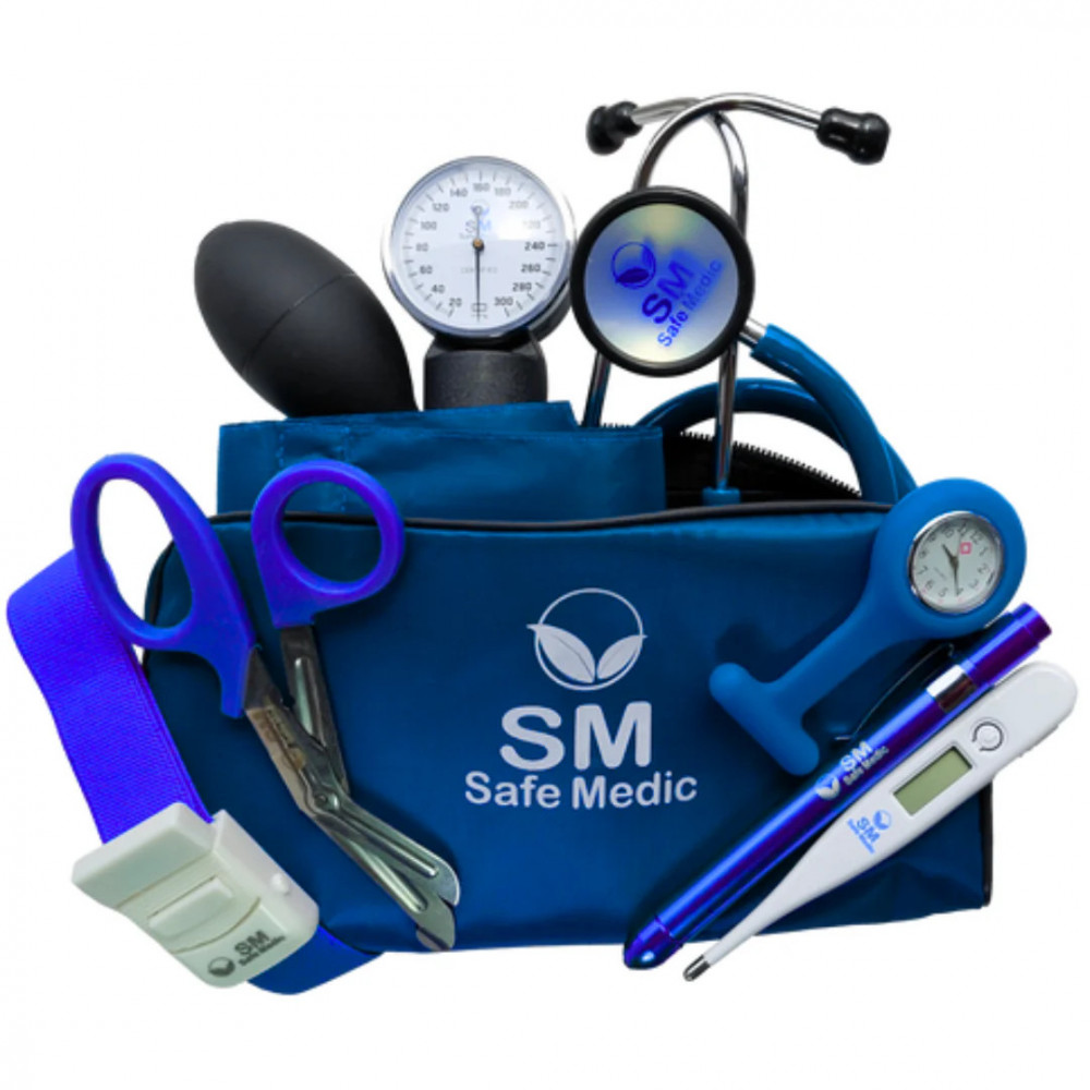 Kit RELOADED tensiómetrp, fonendoscopio, tijera corta todo, torniquete, reloj segundero, Linterna y termómetro.